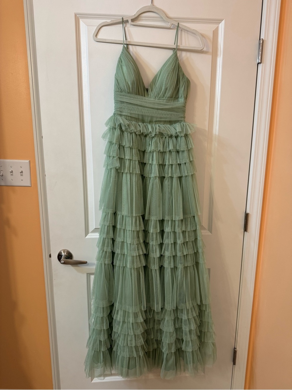 B Darlin Sage Green Tiered Tulle Ruffle Wedding Dress